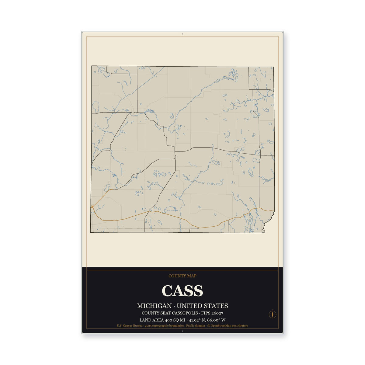 Cass County, Michigan Map Aluminum Sign in Museum Plaque style