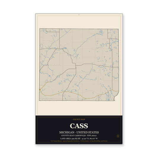 Cass County, Michigan Map Aluminum Sign in Museum Plaque style