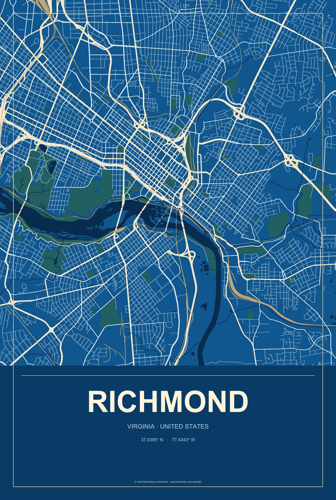 Richmond, Virginia City Map Aluminum Sign in Harbor Cobalt style