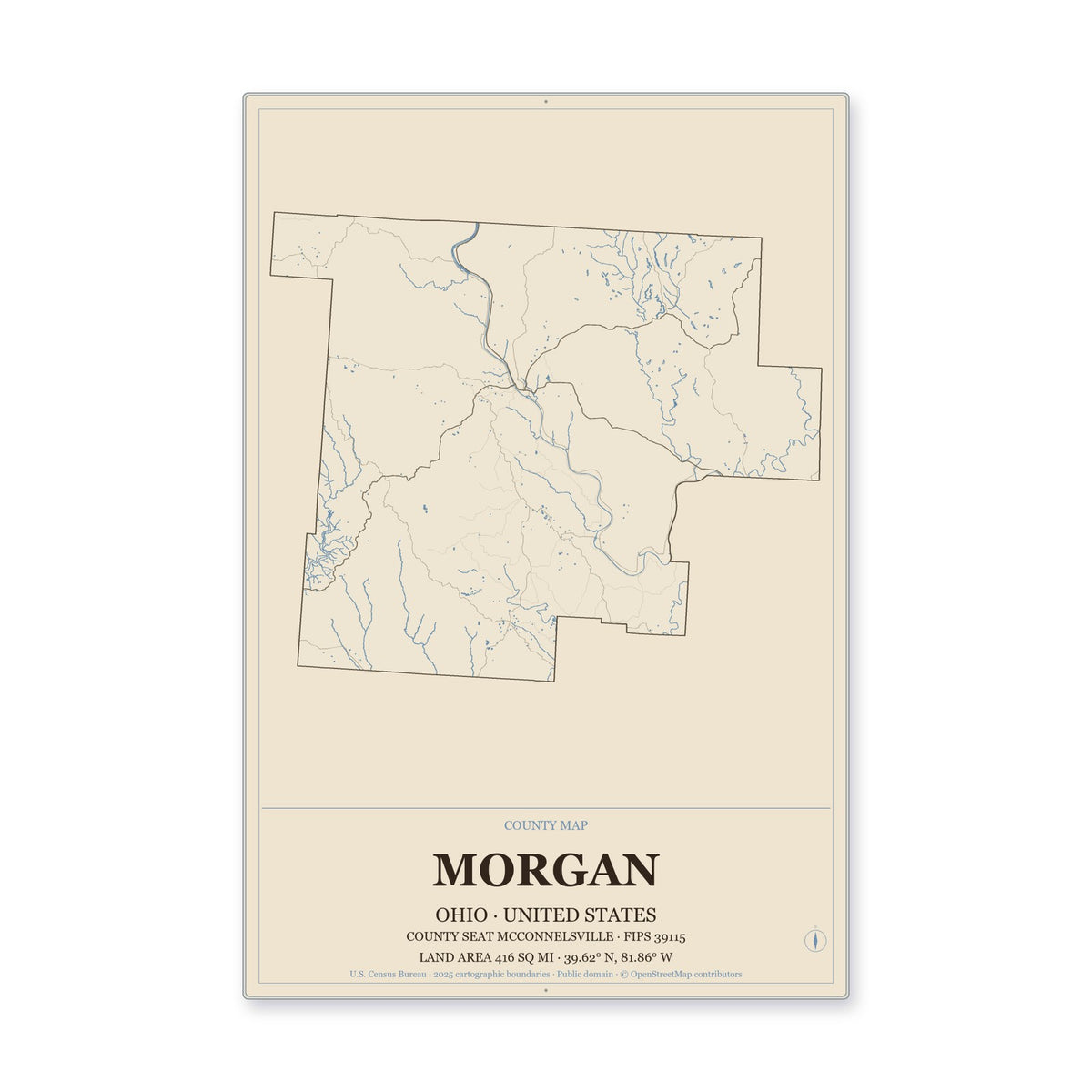 Morgan County, Ohio Map Aluminum Sign in Heritage Nautical style