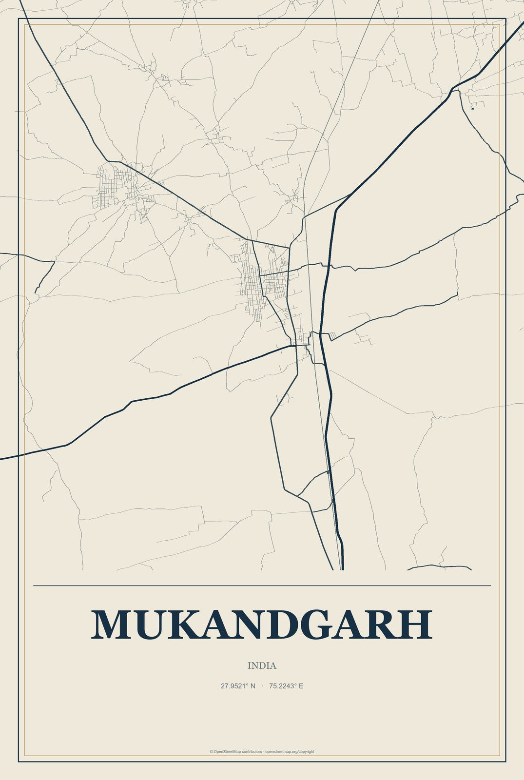 Mukandgarh, India City Map Aluminum Sign in Coastal Cutout style