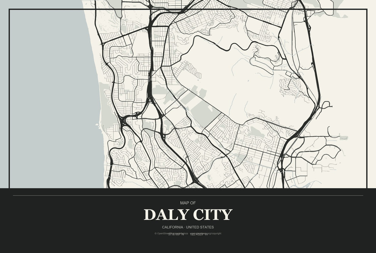 Daly City, California City Map Aluminum Sign in Museum Plaque style