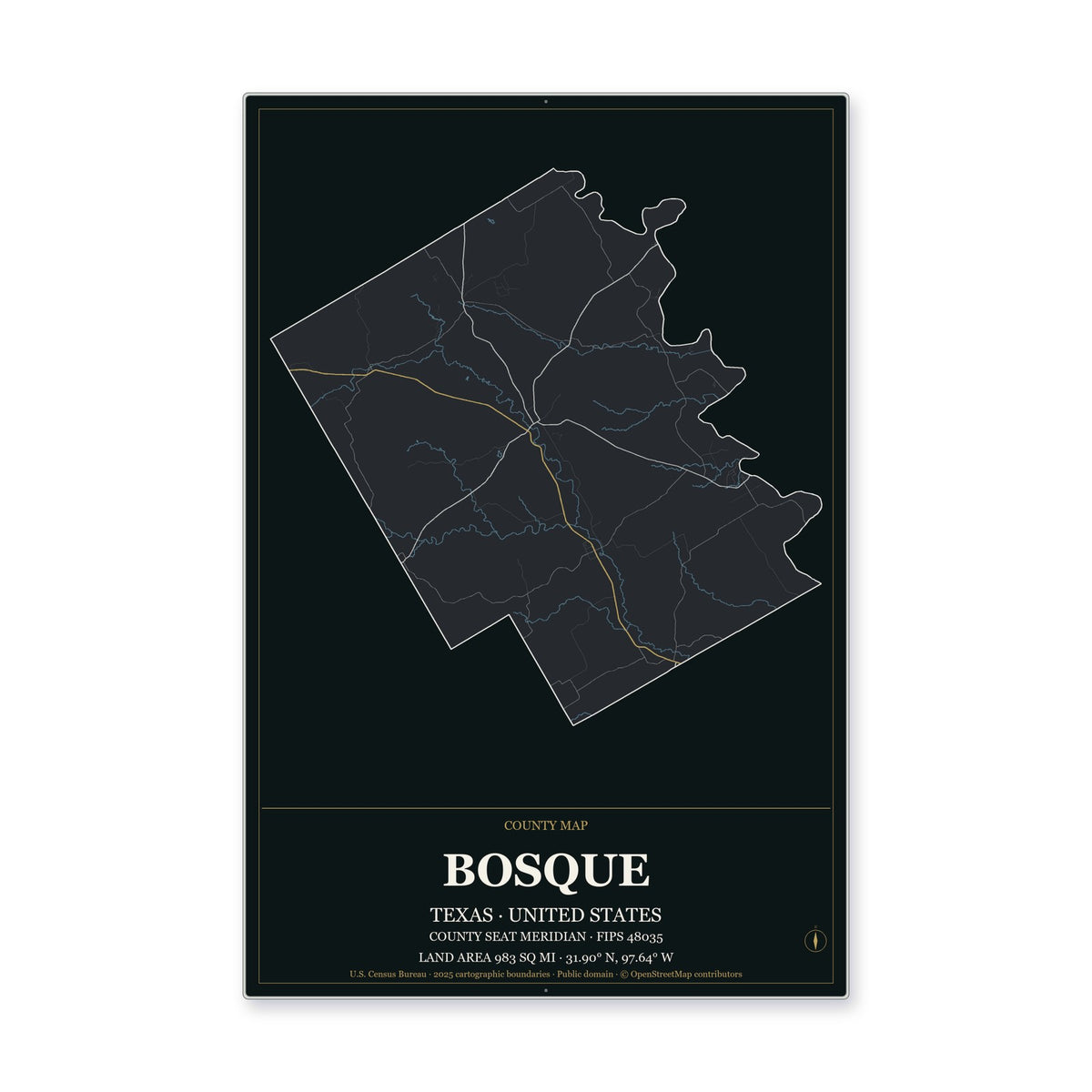 Bosque County, Texas Map Aluminum Sign in Metropolitan Noir style