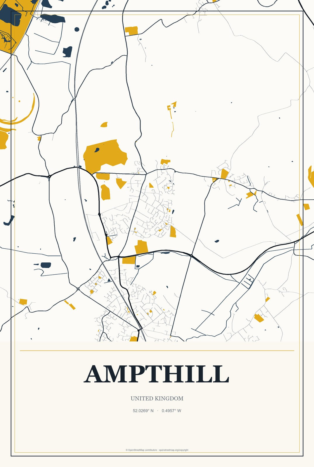 Ampthill, United Kingdom City Map Aluminum Sign in Citrine Modern style