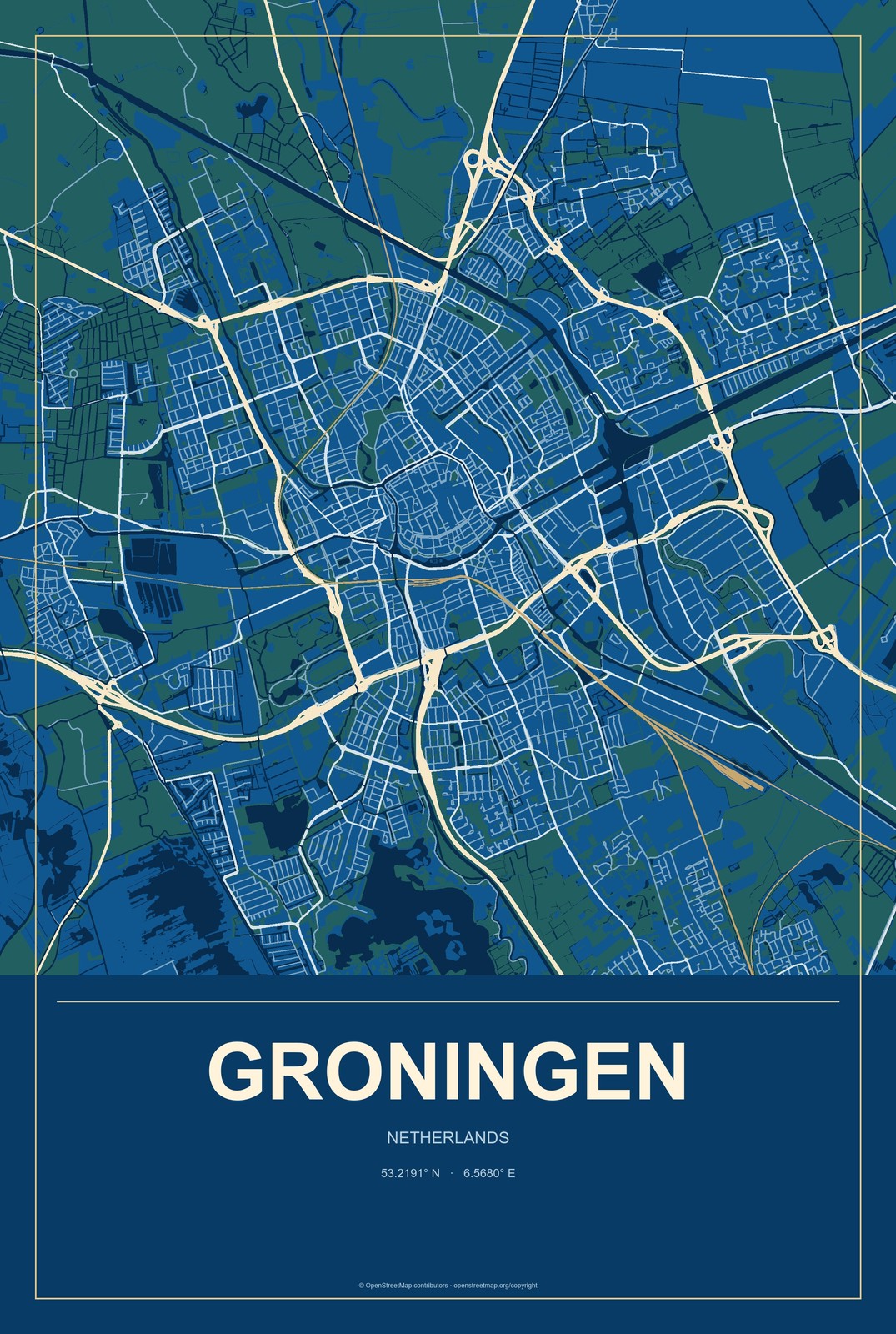 Groningen, Netherlands City Map Aluminum Sign in Harbor Cobalt style