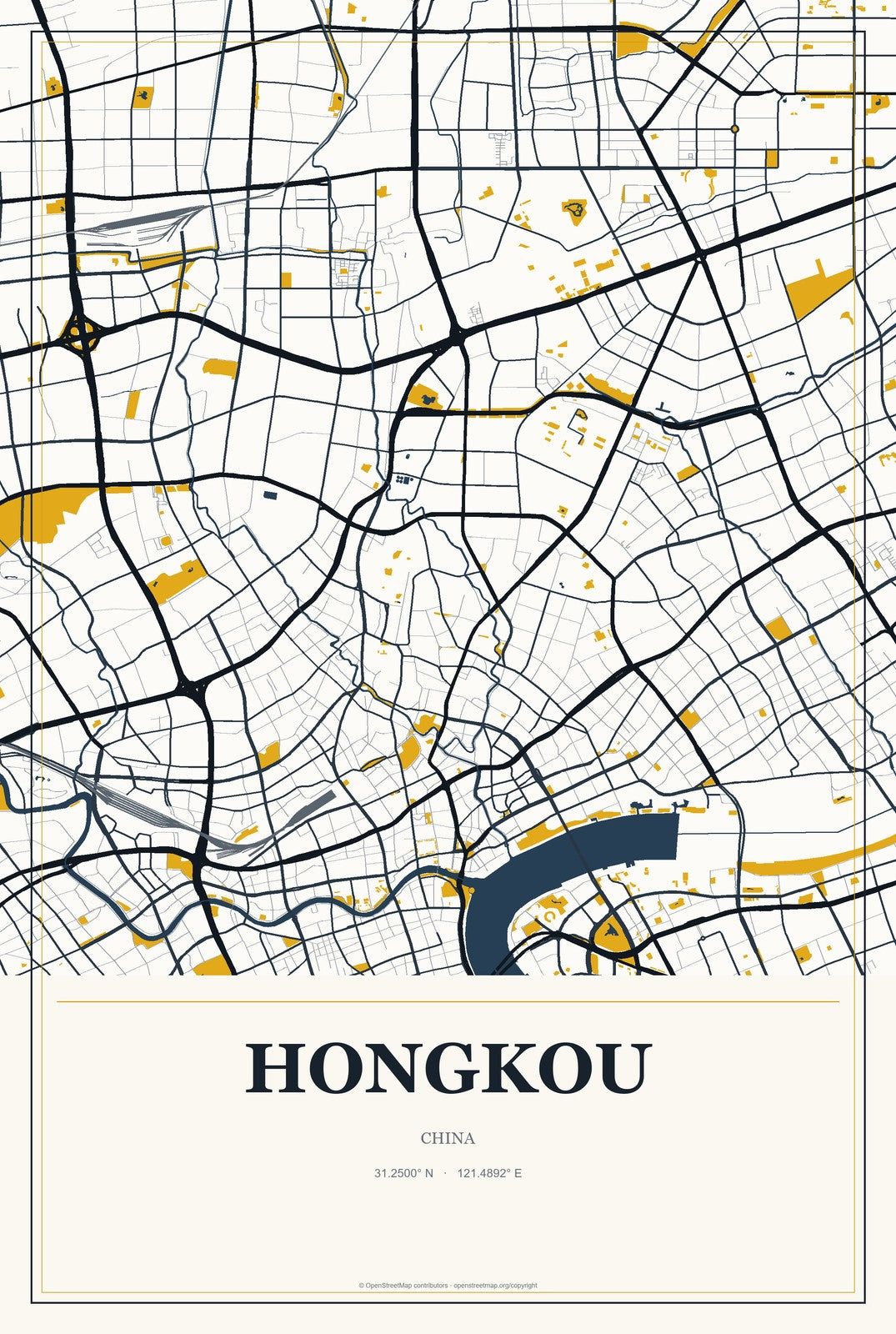 Hongkou, China City Map Aluminum Sign in Citrine Modern style