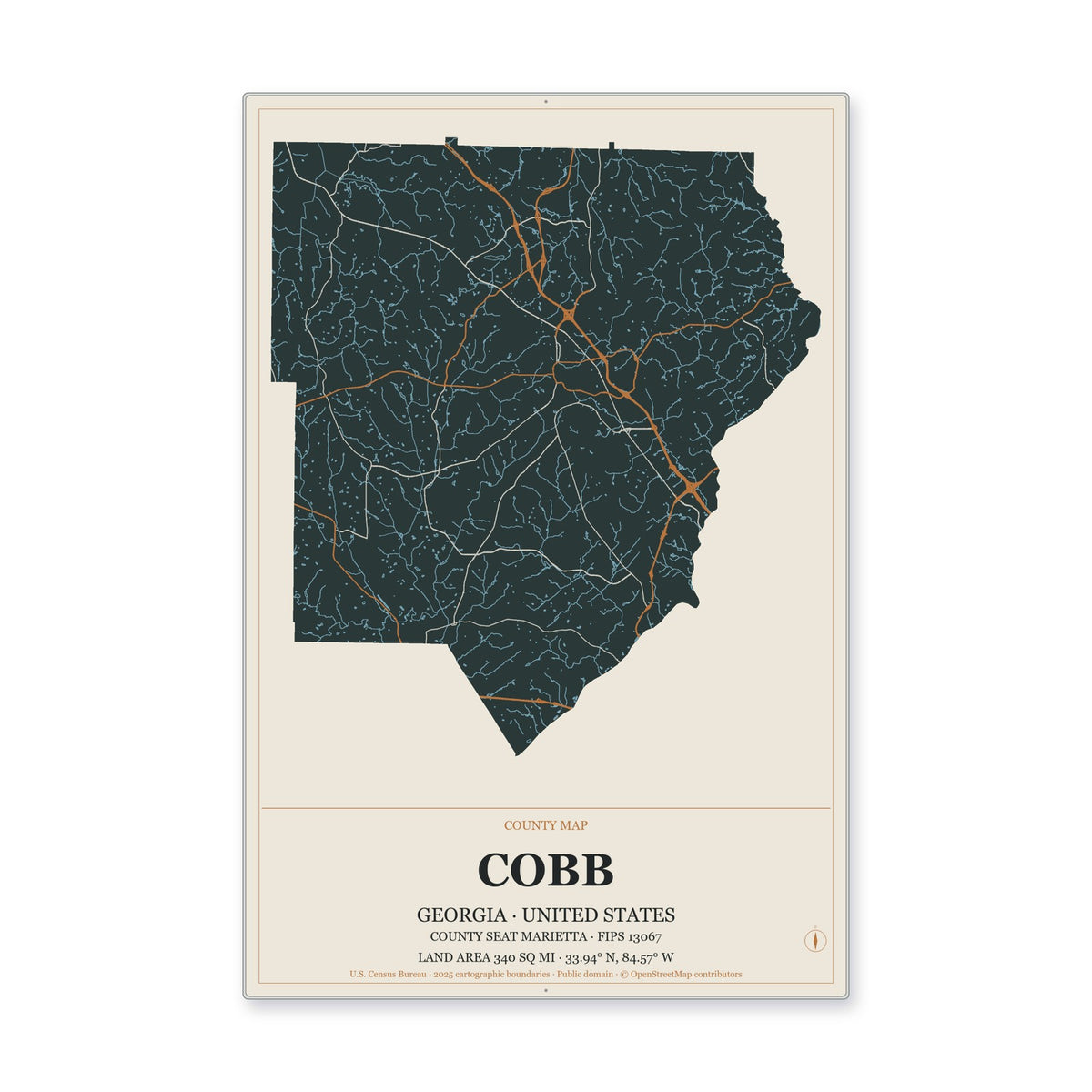Cobb County, Georgia Map Aluminum Sign in Headline Atlas style
