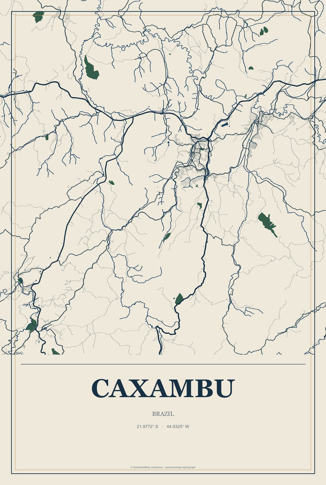 Caxambu, Brazil City Map Aluminum Sign in Coastal Cutout style
