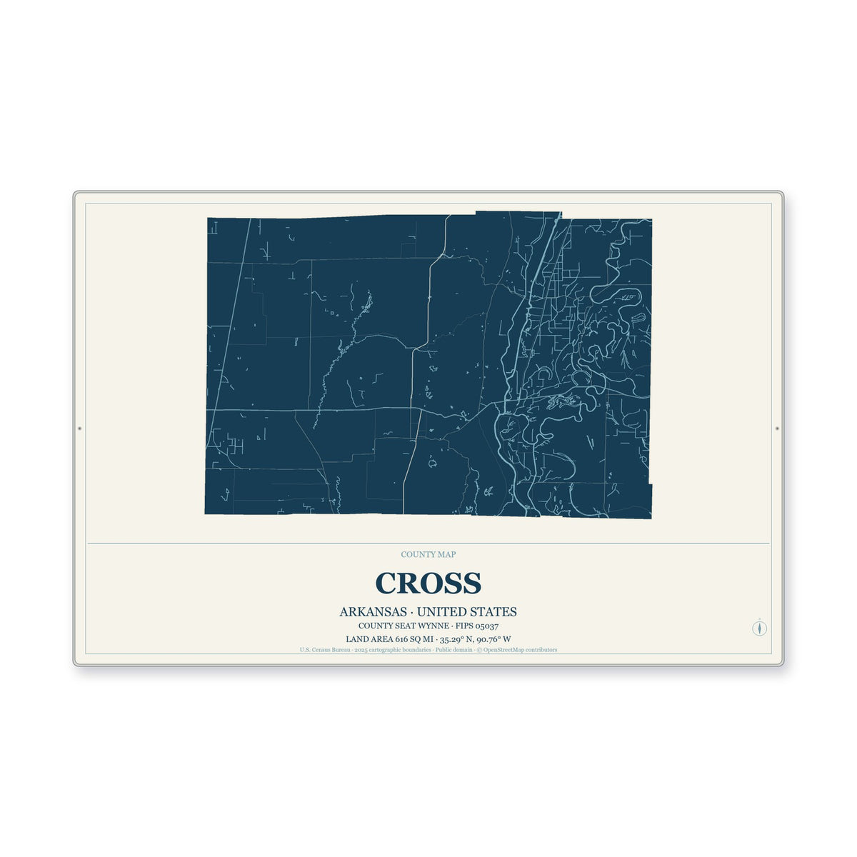 Cross County, Arkansas Map Aluminum Sign in Coastal Cutout style