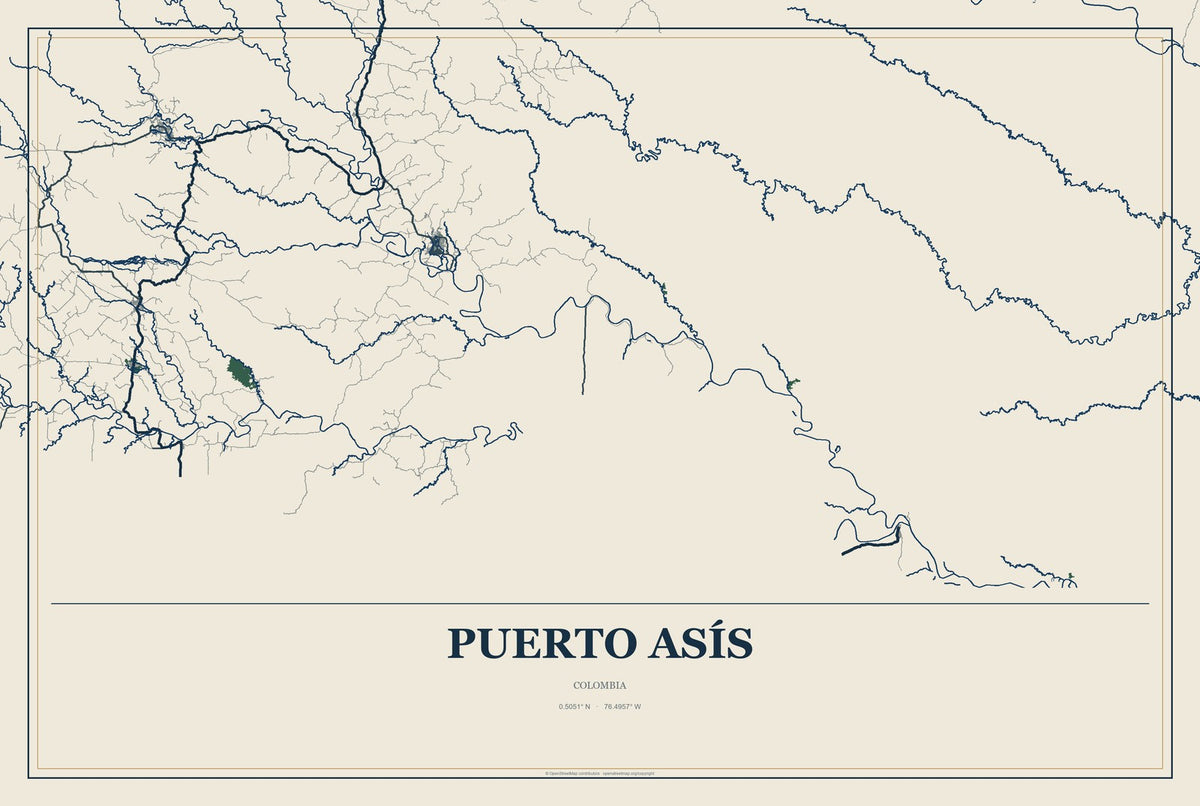 Puerto Asís, Colombia City Map Aluminum Sign in Coastal Cutout style