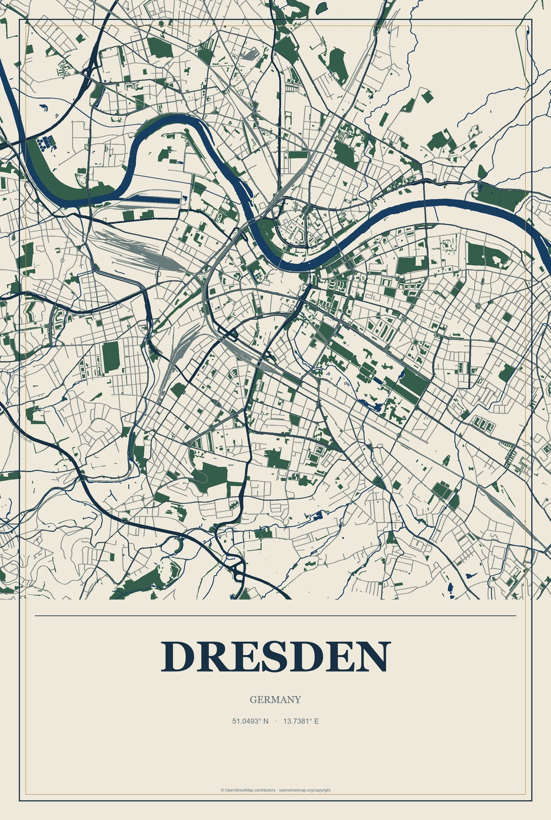 Dresden, Germany City Map Aluminum Sign in Coastal Cutout style