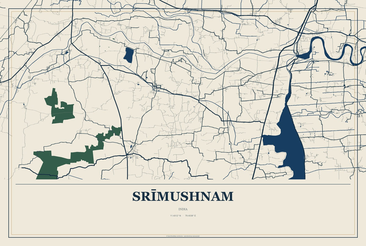 Srīmushnam, India City Map Aluminum Sign in Coastal Cutout style