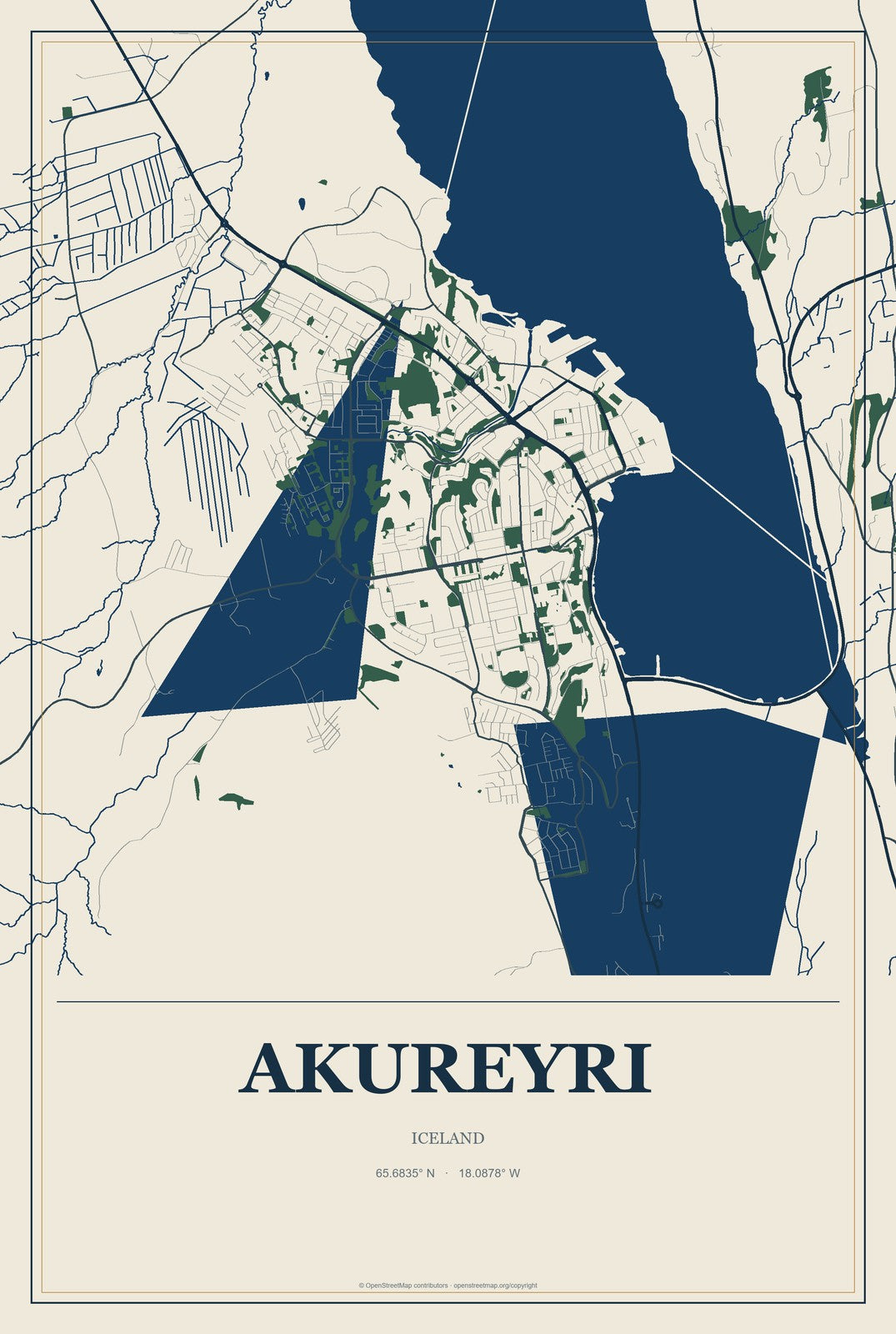 Akureyri, Iceland City Map Aluminum Sign in Coastal Cutout style