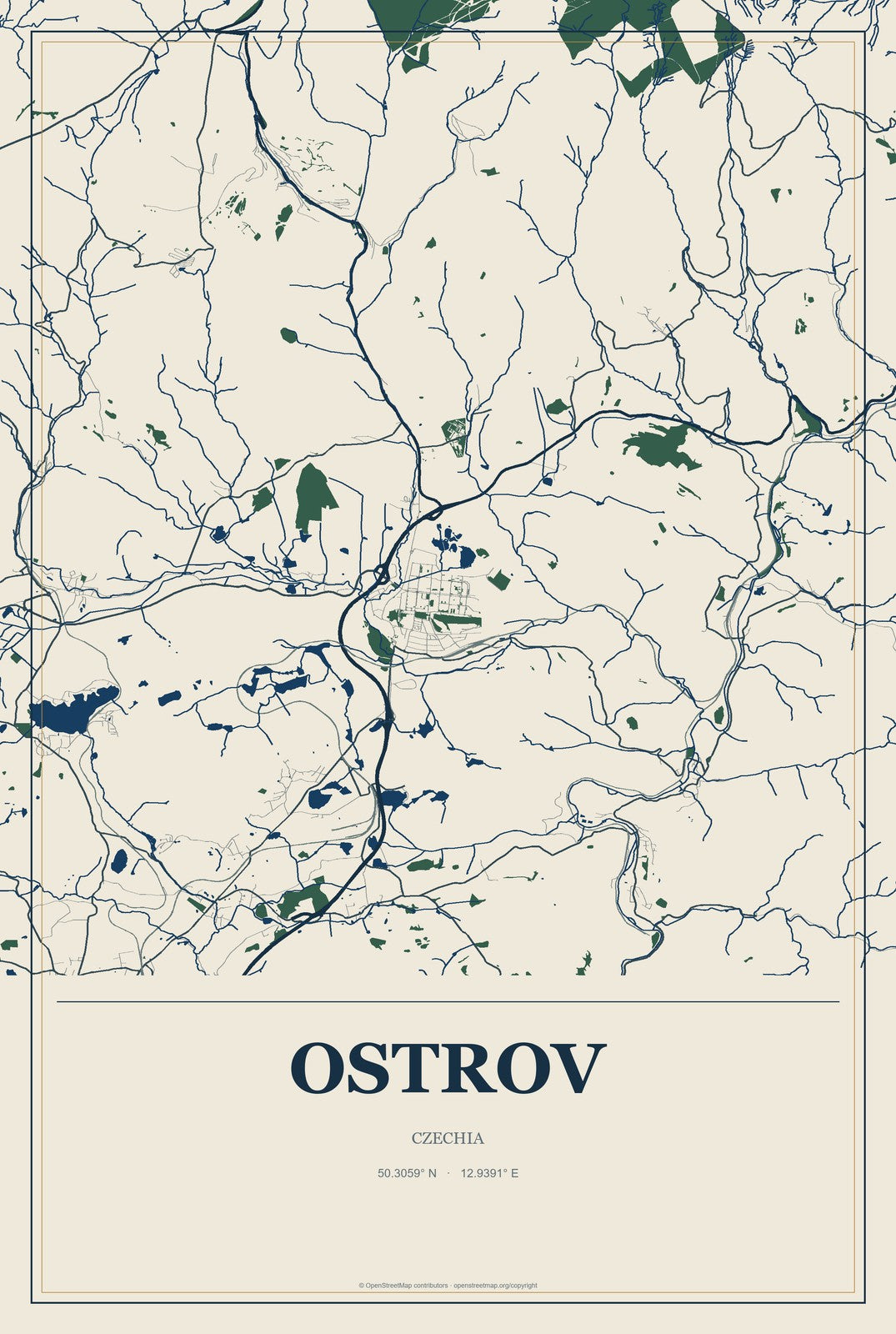 Ostrov, Czechia City Map Aluminum Sign in Coastal Cutout style