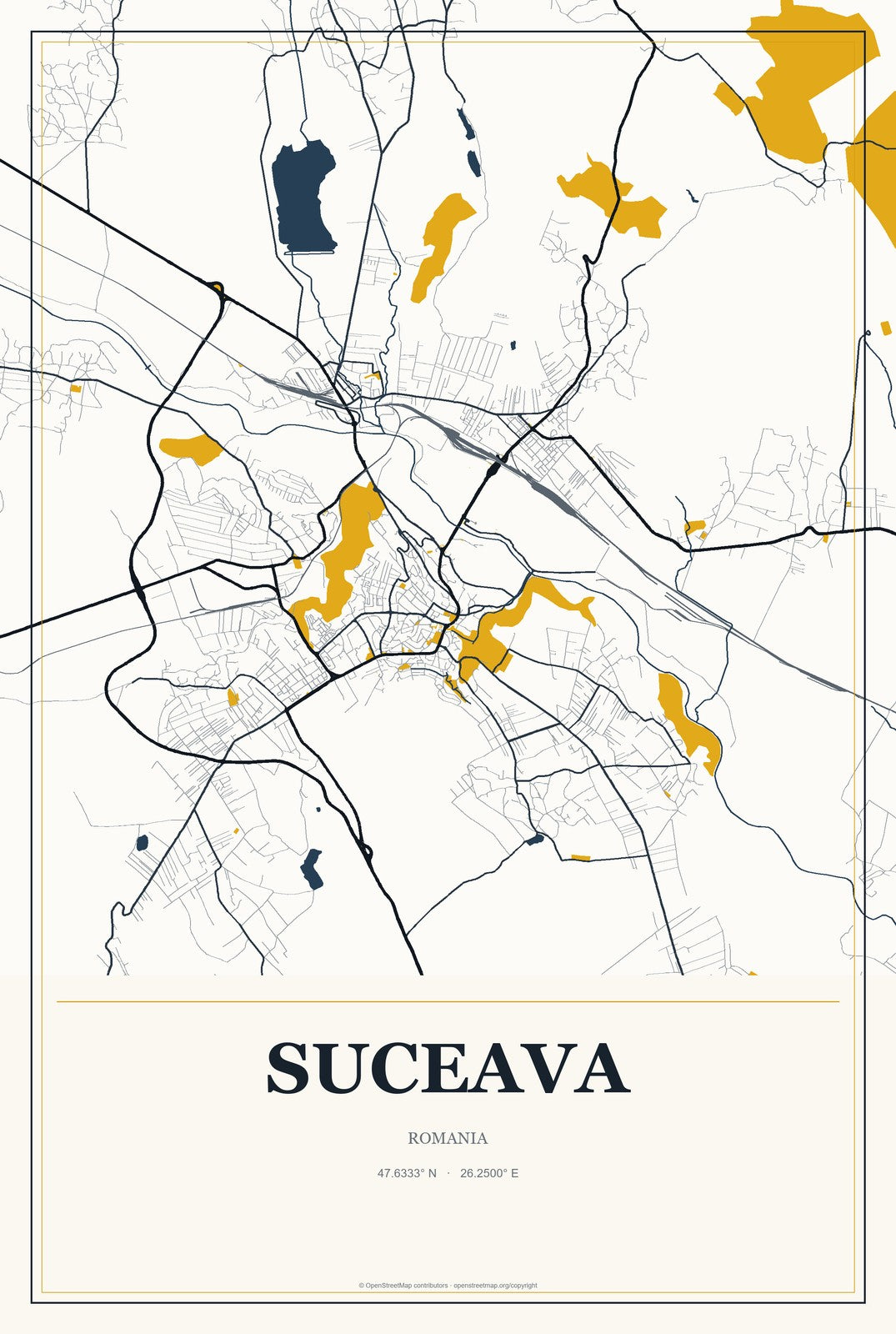 Suceava, Romania City Map Aluminum Sign in Citrine Modern style
