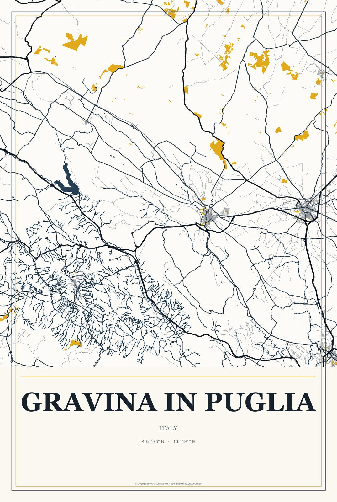Gravina in Puglia, Italy City Map Aluminum Sign in Citrine Modern style