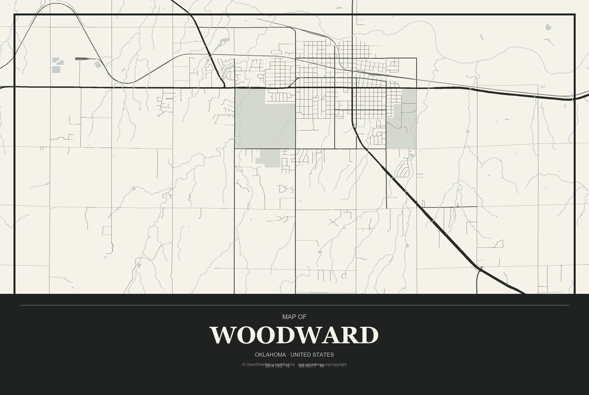 Woodward, Oklahoma City Map Aluminum Sign in Museum Plaque style