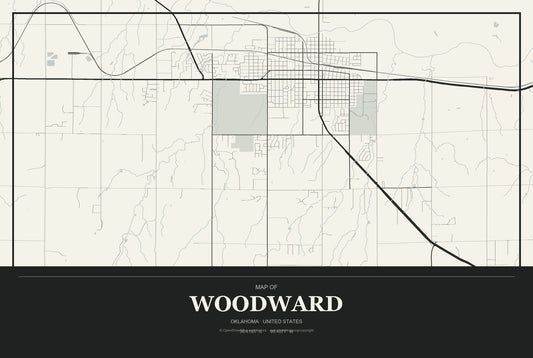 Woodward, Oklahoma City Map Aluminum Sign in Museum Plaque style