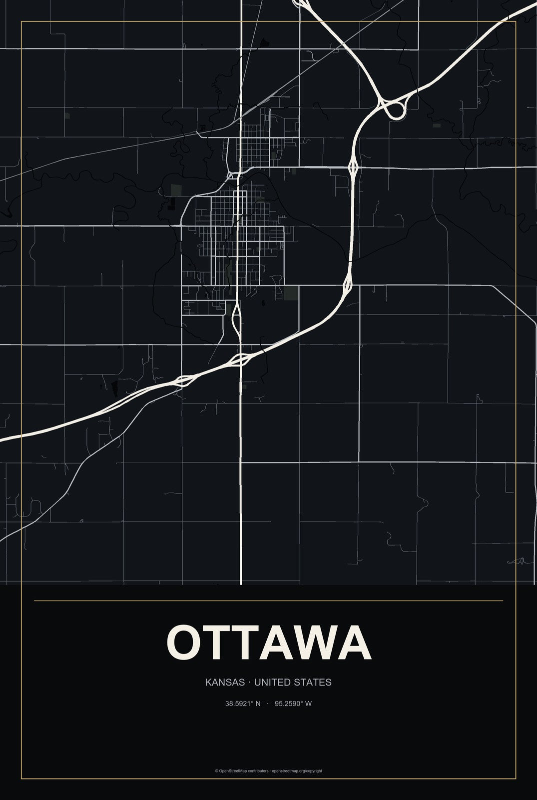 Ottawa, Kansas City Map Aluminum Sign in Metropolitan Noir style