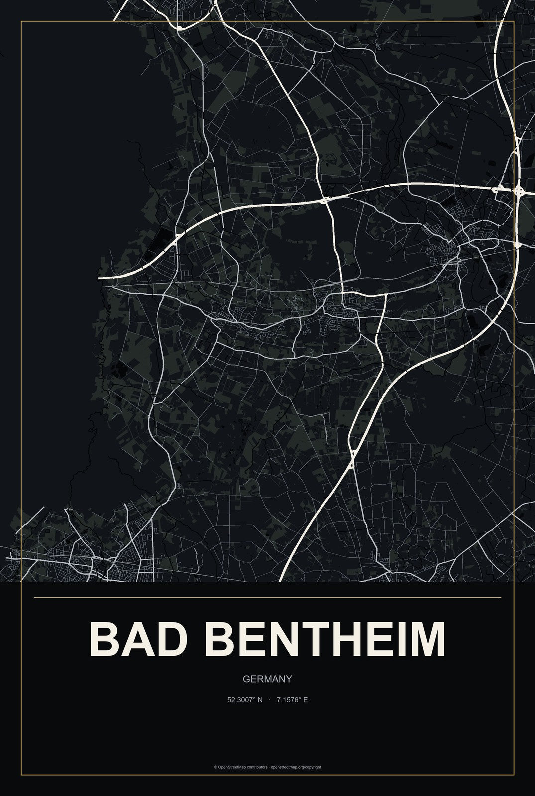 Bad Bentheim, Germany City Map Aluminum Sign in Metropolitan Noir style