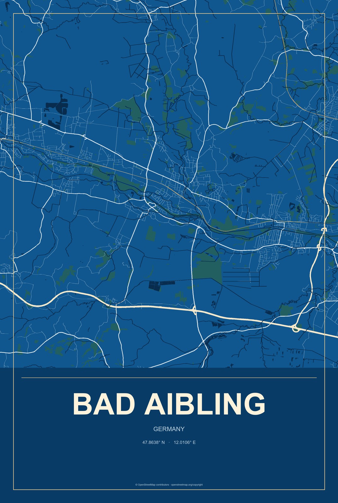 Bad Aibling, Germany City Map Aluminum Sign in Harbor Cobalt style