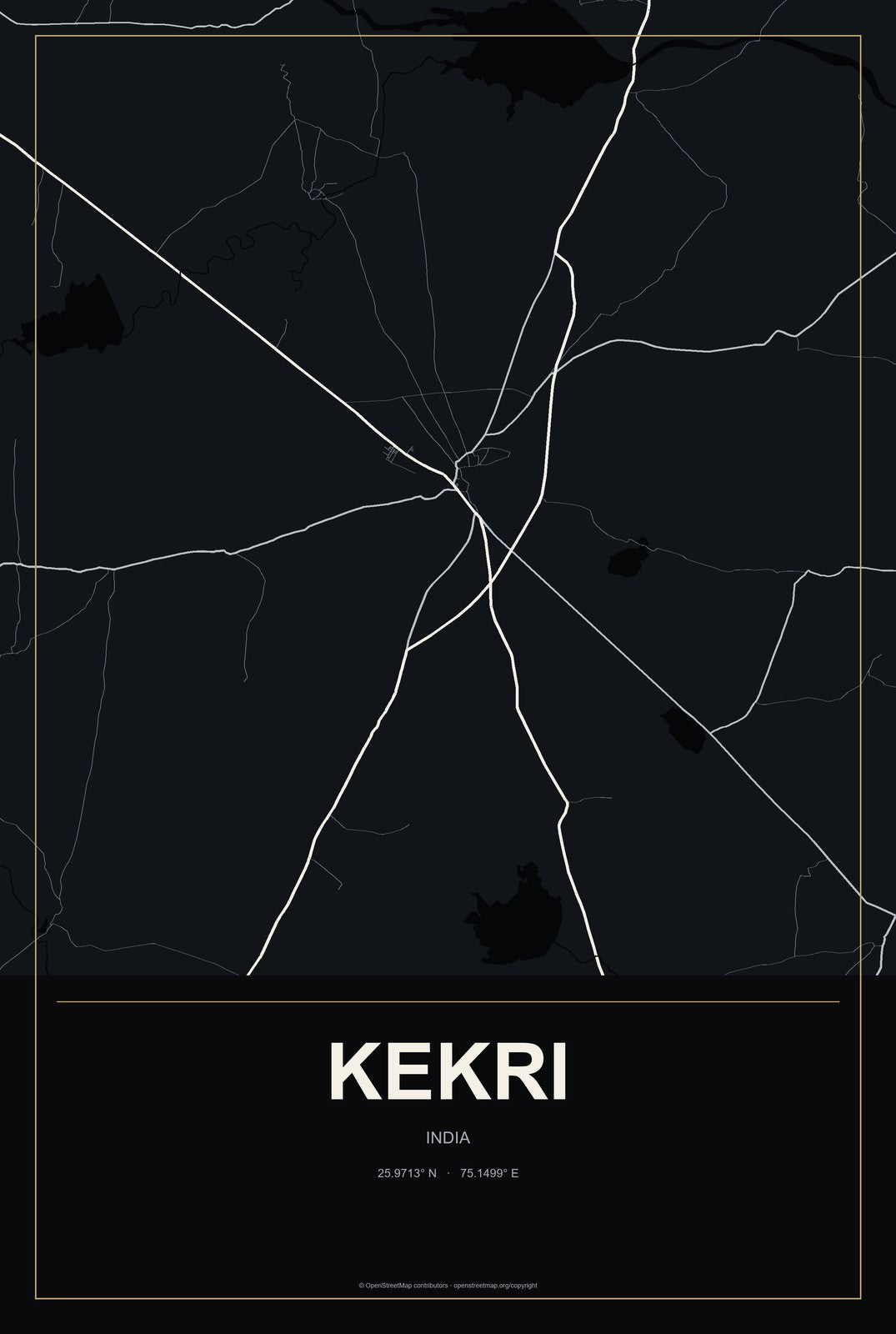 Kekri, India City Map Aluminum Sign in Metropolitan Noir style