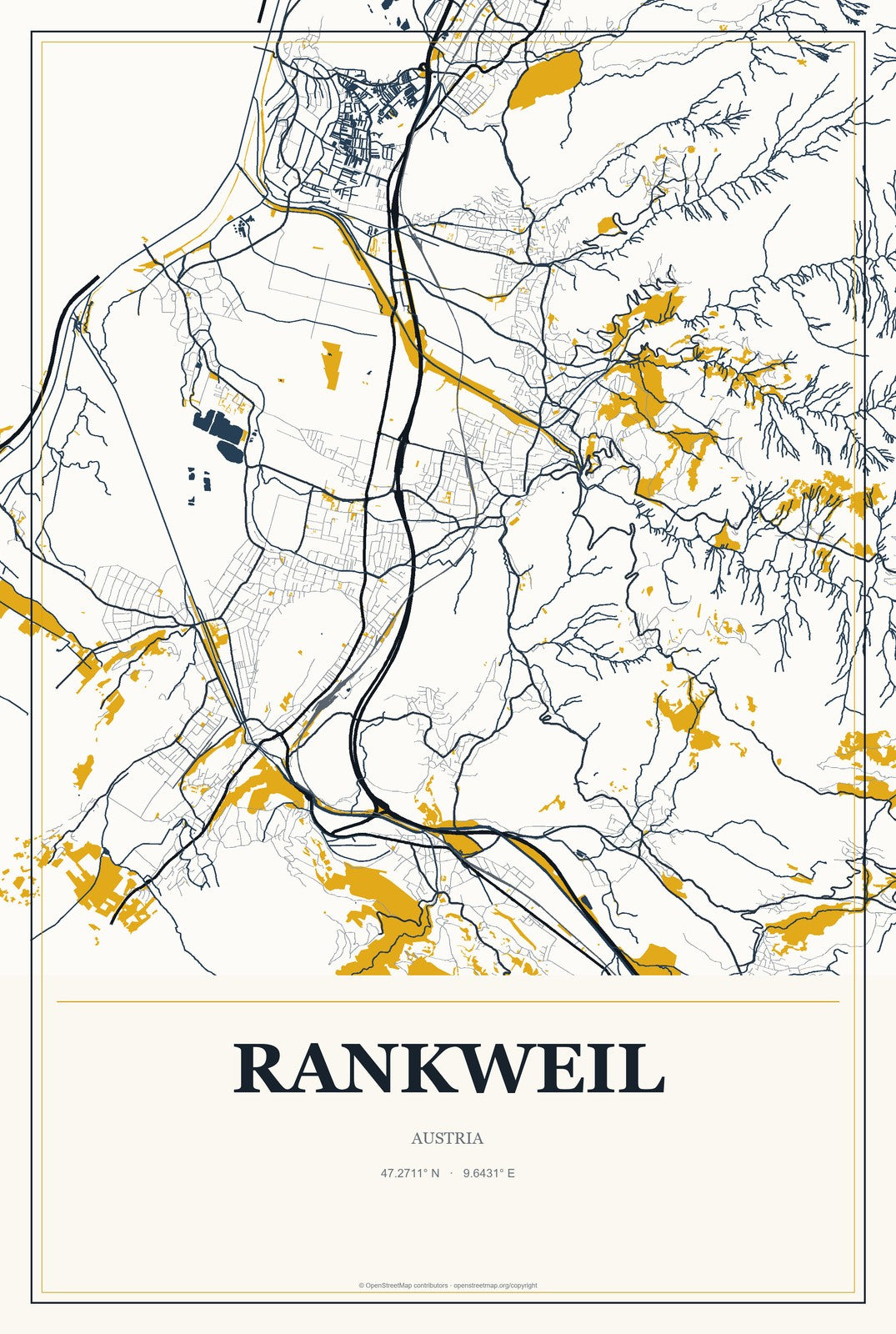 Rankweil, Austria City Map Aluminum Sign in Citrine Modern style