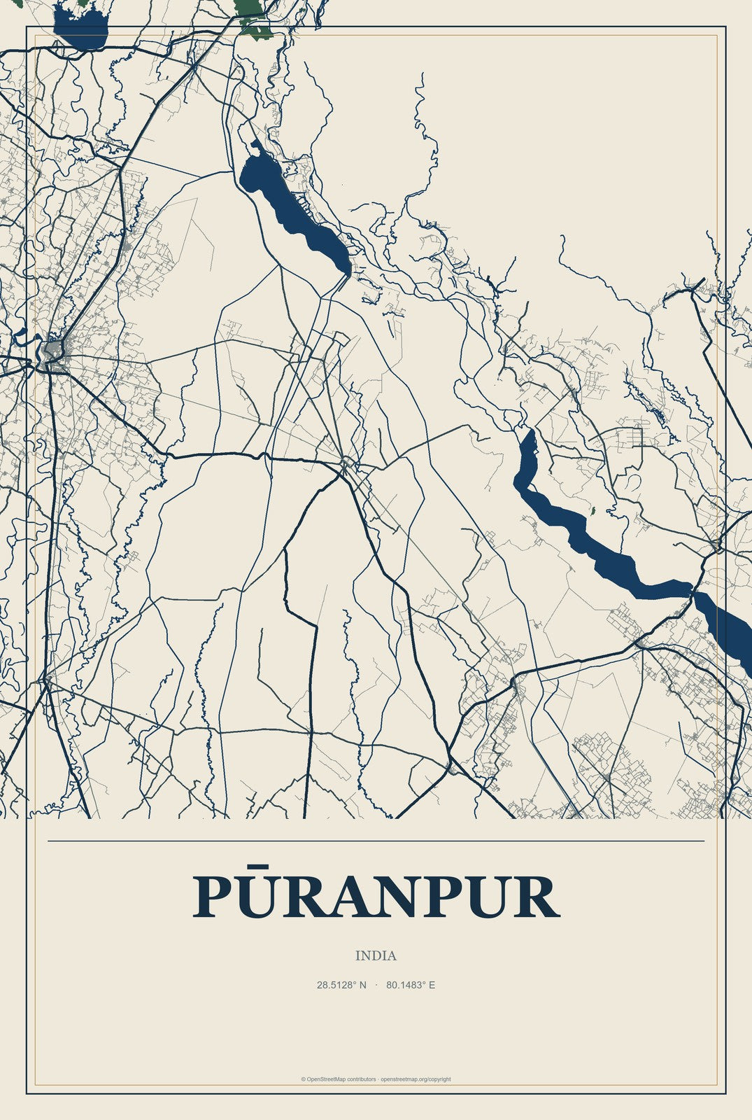 Pūranpur, India City Map Aluminum Sign in Coastal Cutout style