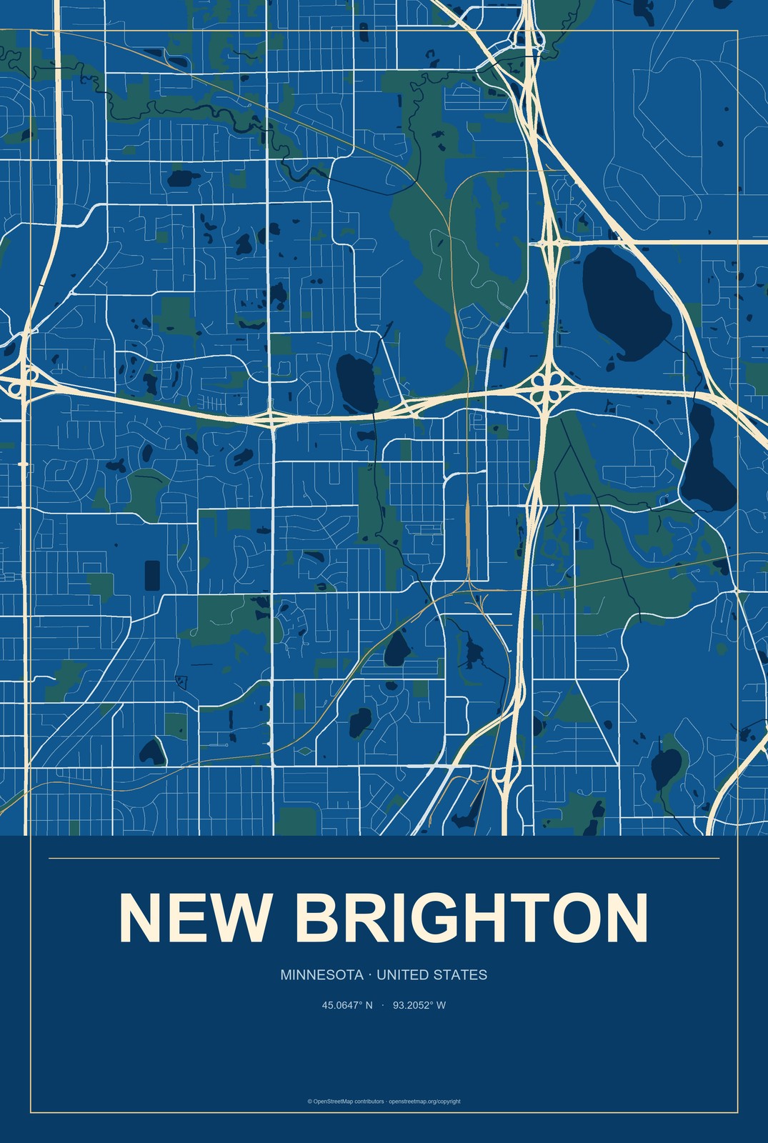 New Brighton, Minnesota City Map Aluminum Sign in Harbor Cobalt style