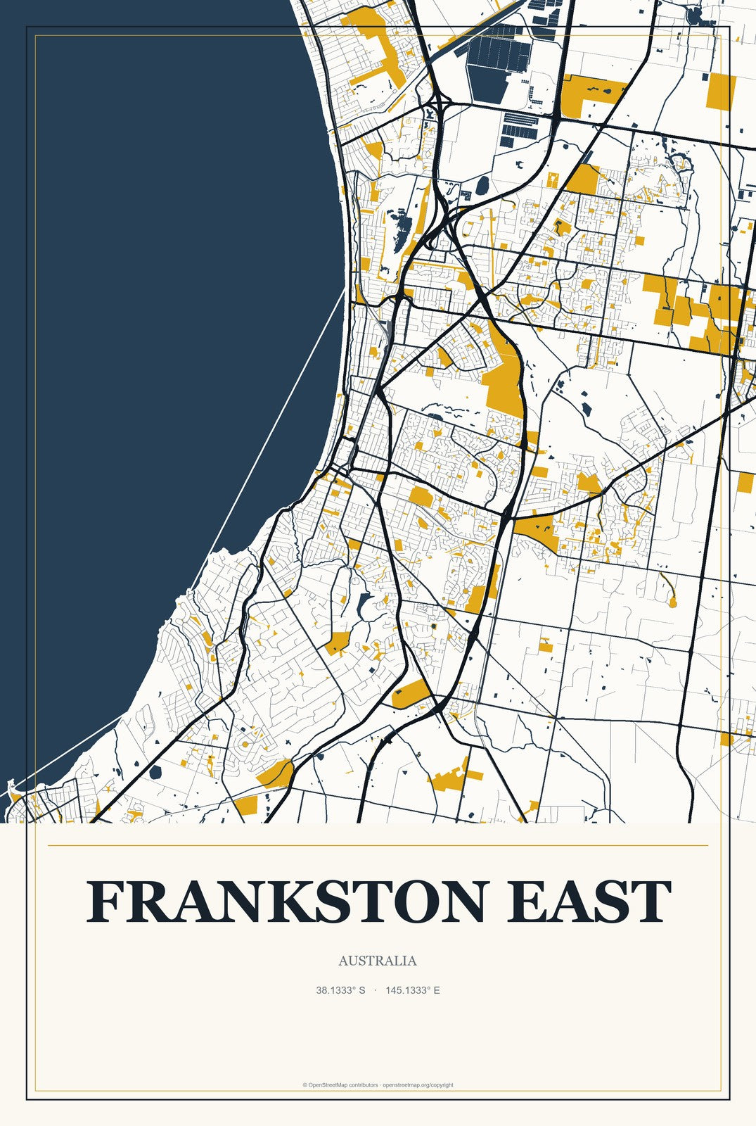 Frankston East, Australia City Map Aluminum Sign in Citrine Modern style