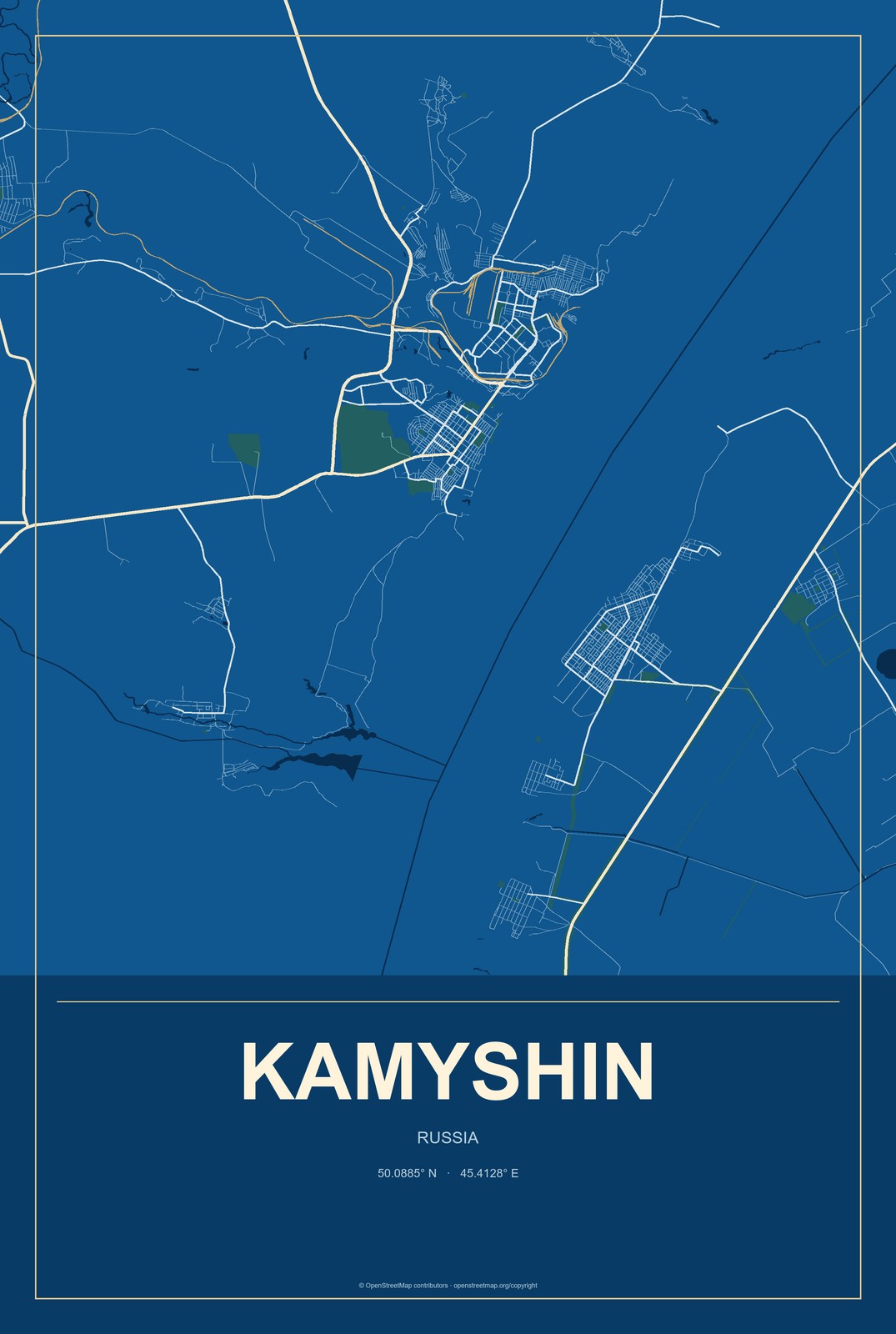 Kamyshin, Russia City Map Aluminum Sign in Harbor Cobalt style