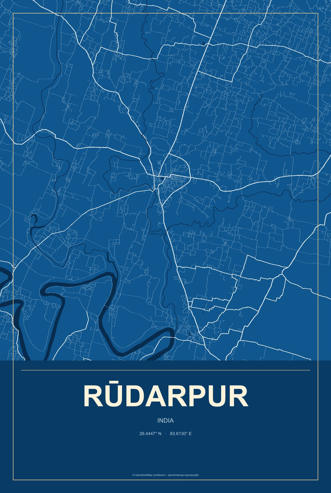 Rūdarpur, India City Map Aluminum Sign in Harbor Cobalt style