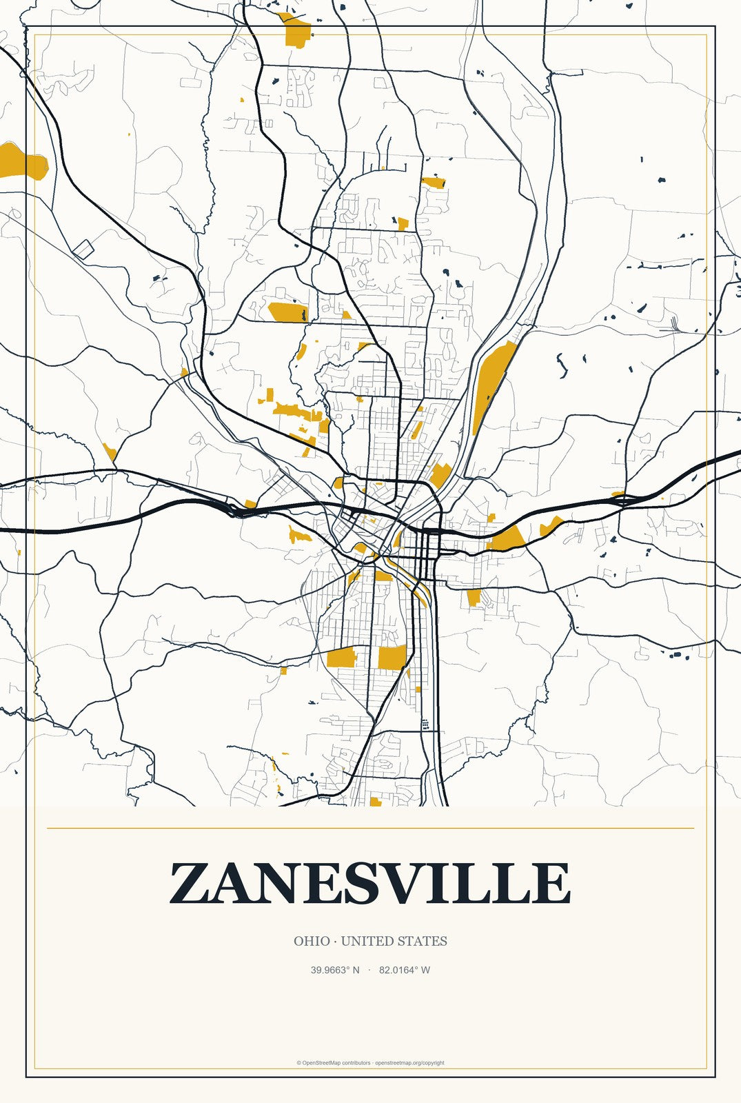 Zanesville, Ohio City Map Aluminum Sign in Citrine Modern style