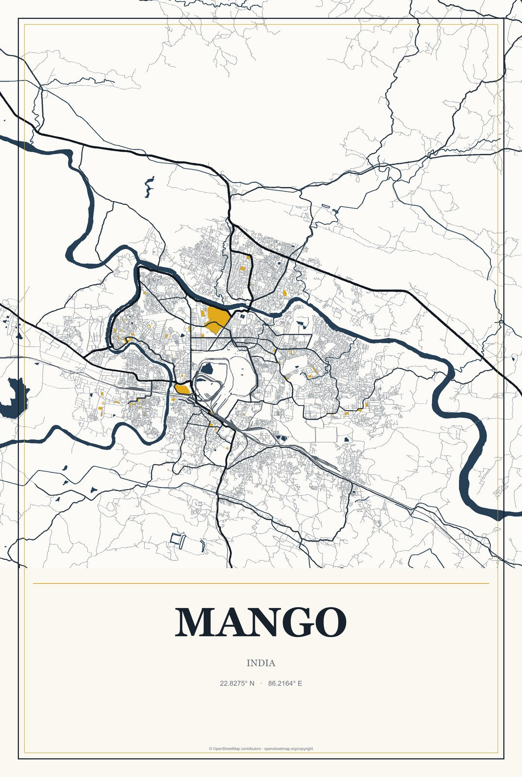 Mango, India City Map Aluminum Sign in Citrine Modern style