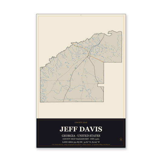 Jeff Davis County, Georgia Map Aluminum Sign in Museum Plaque style
