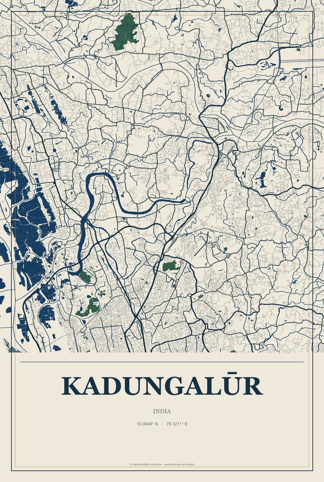 Kadungalūr, India City Map Aluminum Sign in Coastal Cutout style