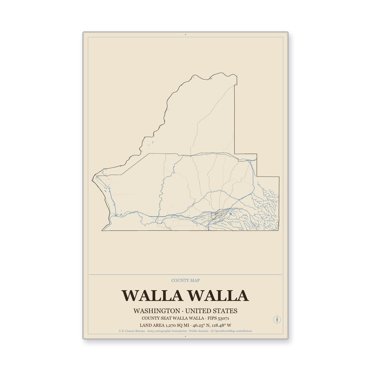 Walla Walla County, Washington Map Aluminum Sign in Heritage Nautical style