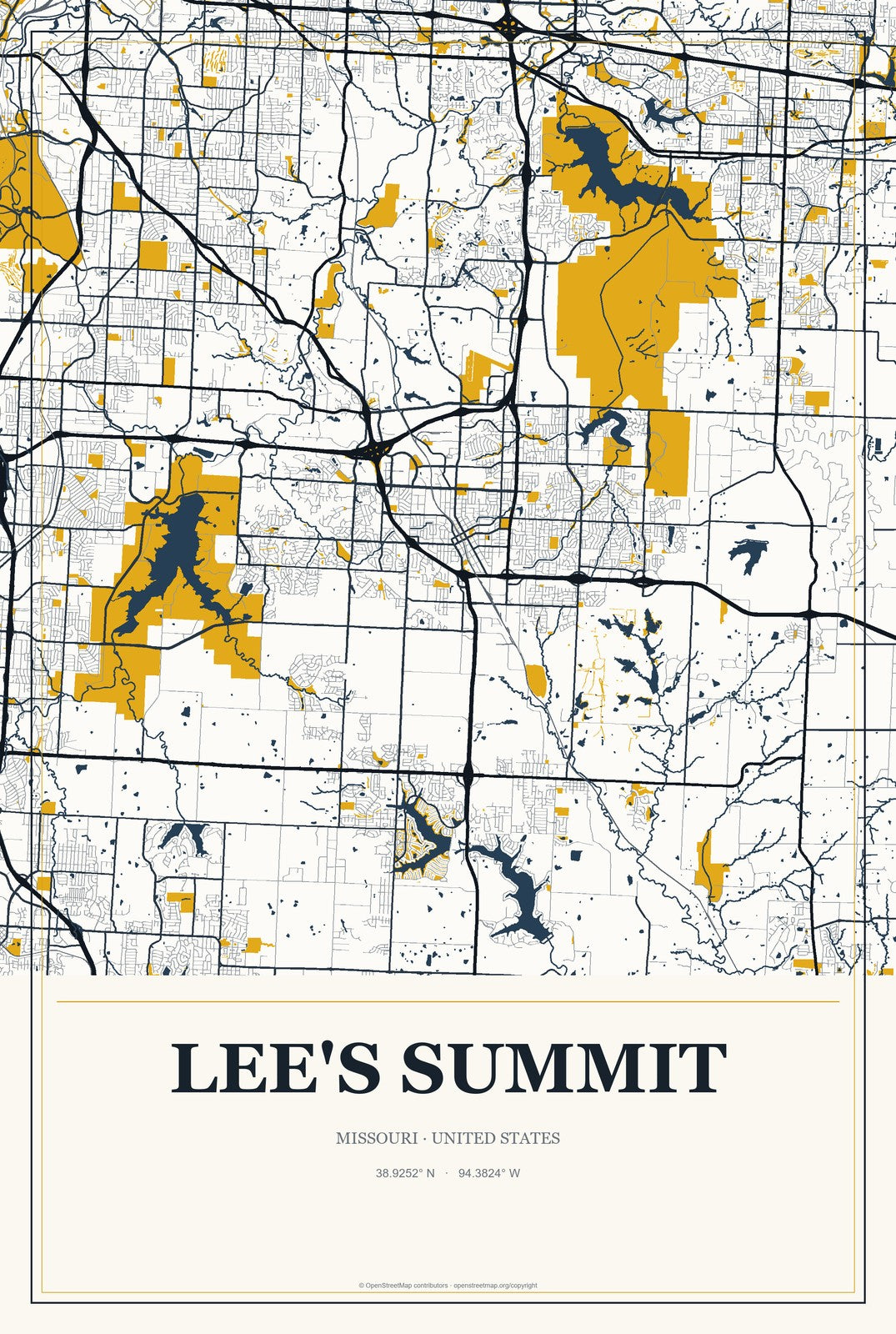 Lee's Summit, Missouri City Map Aluminum Sign in Citrine Modern style
