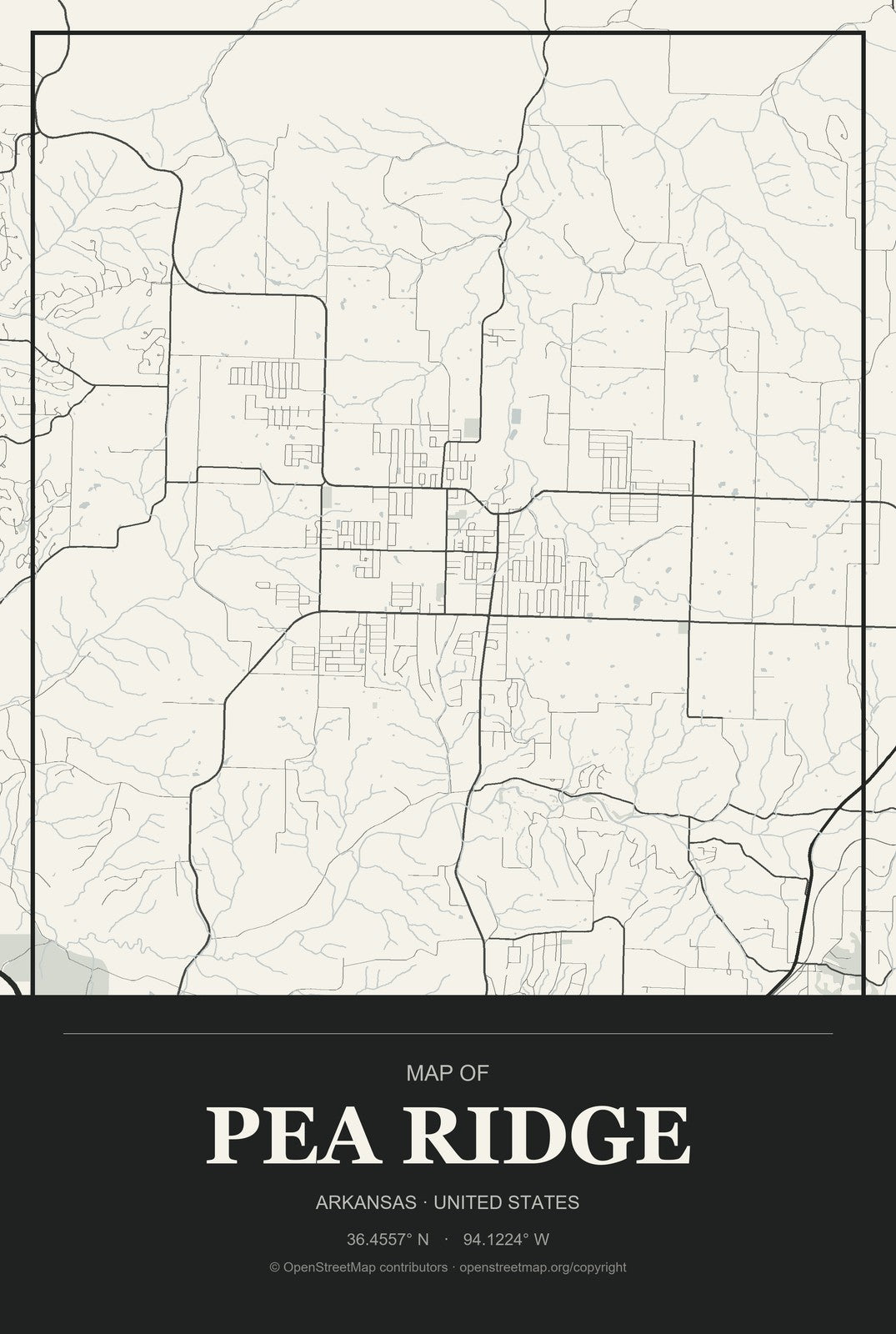 Pea Ridge, Arkansas City Map Aluminum Sign in Museum Plaque style