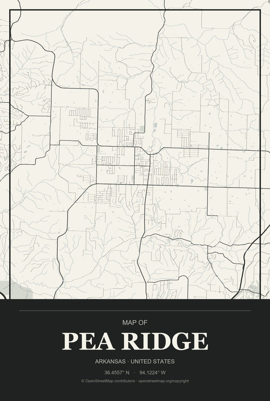 Pea Ridge, Arkansas City Map Aluminum Sign in Museum Plaque style