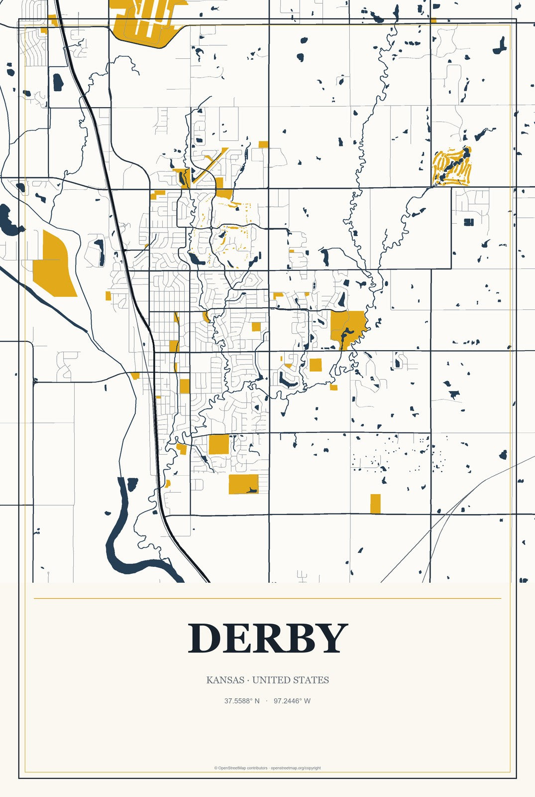 Derby, Kansas City Map Aluminum Sign in Citrine Modern style