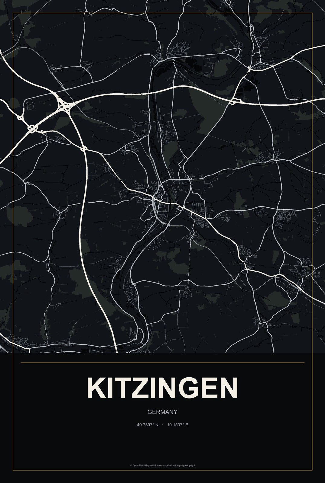 Kitzingen, Germany City Map Aluminum Sign in Metropolitan Noir style