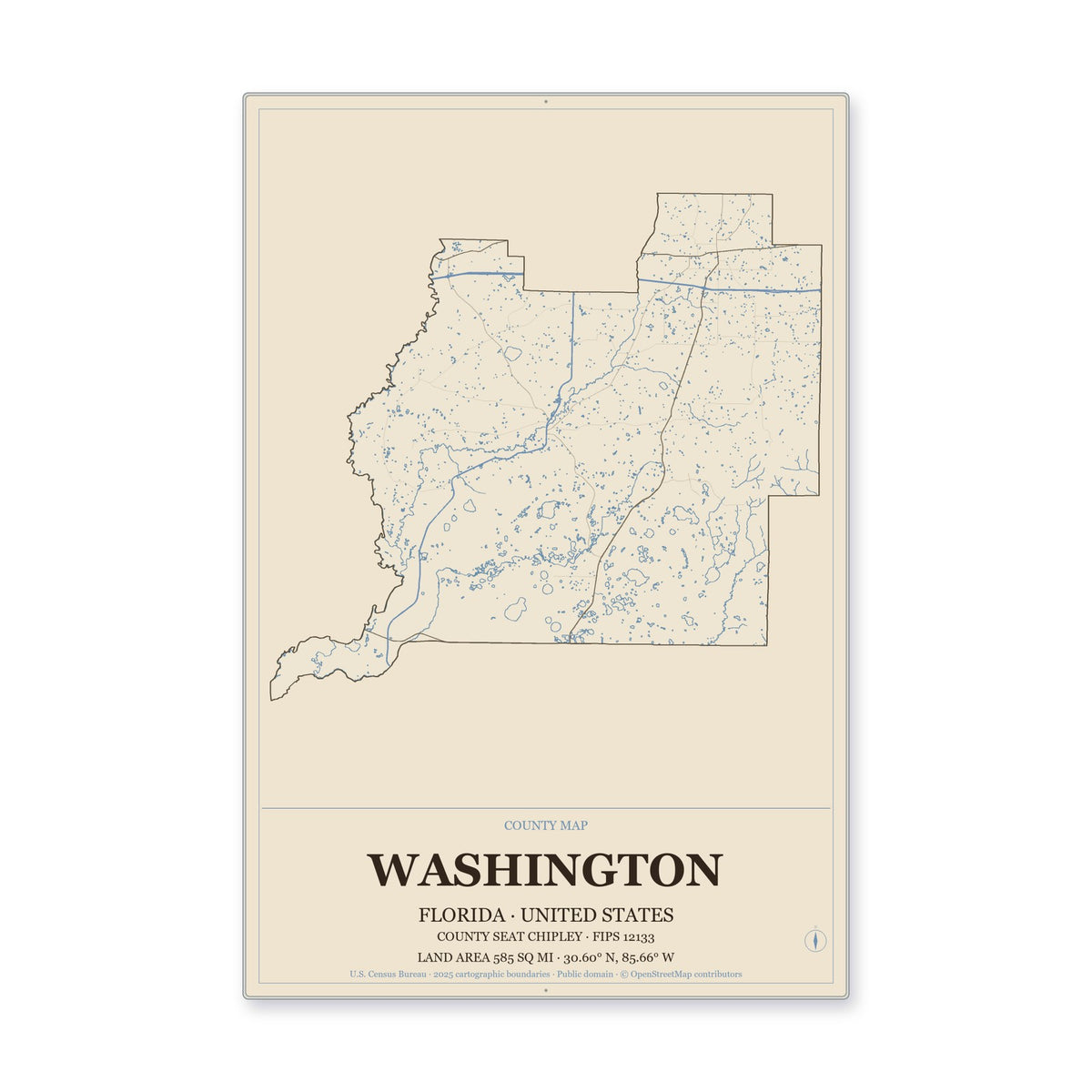 Washington County, Florida Map Aluminum Sign in Heritage Nautical style