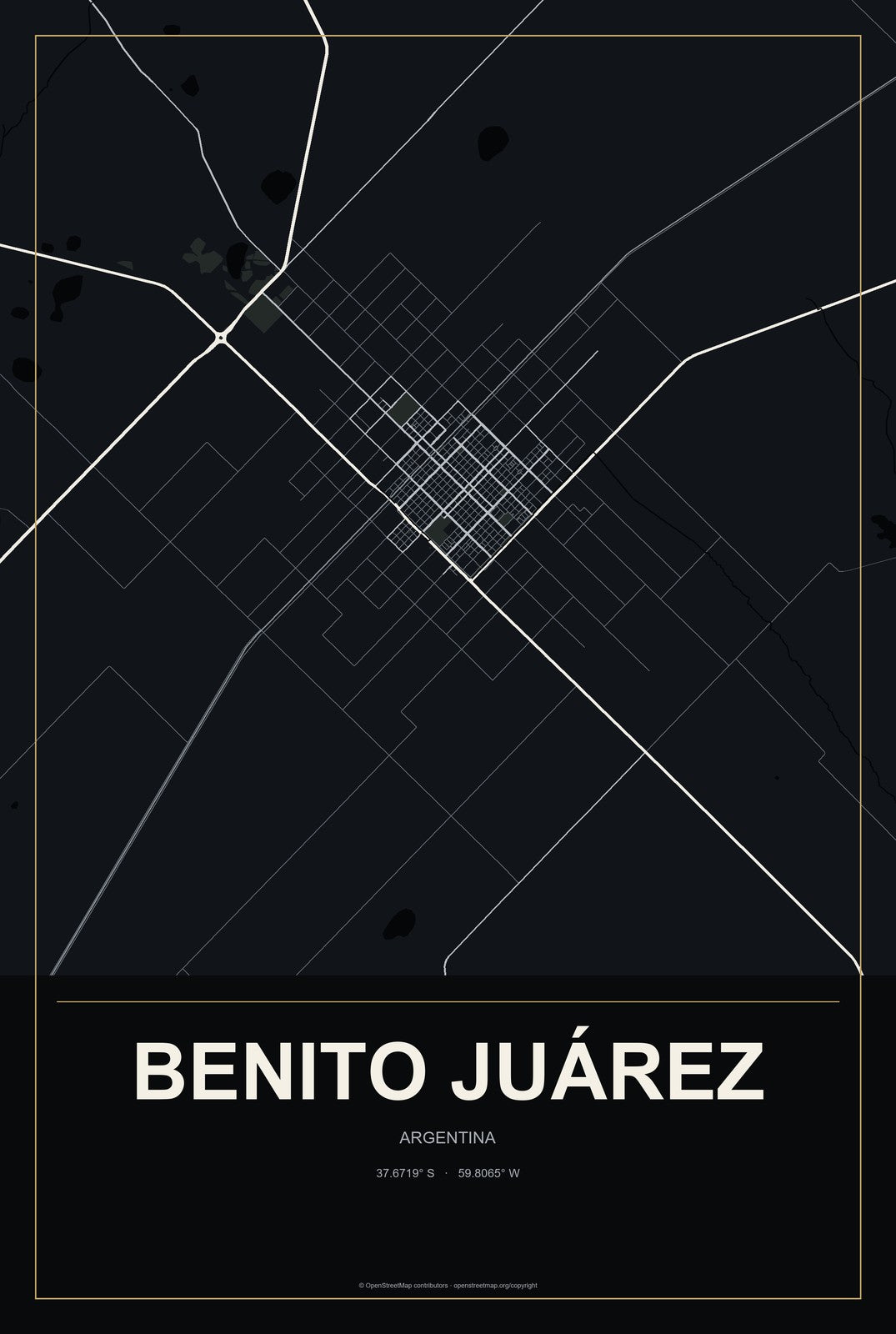 Benito Juárez, Argentina City Map Aluminum Sign in Metropolitan Noir style