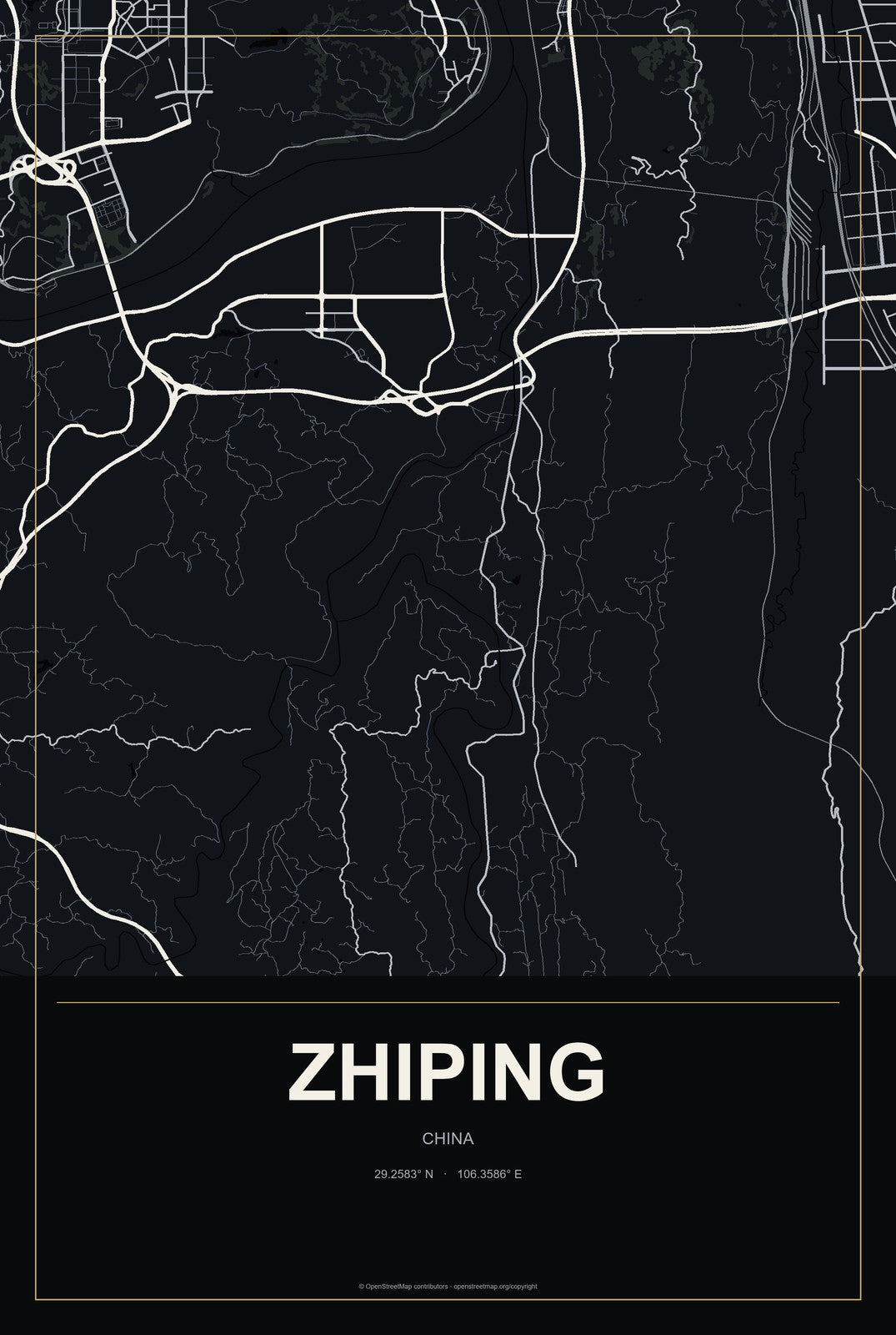 Zhiping, China City Map Aluminum Sign in Metropolitan Noir style