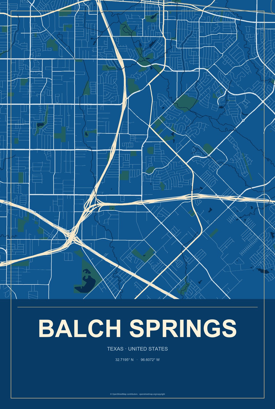 Balch Springs, Texas City Map Aluminum Sign in Harbor Cobalt style