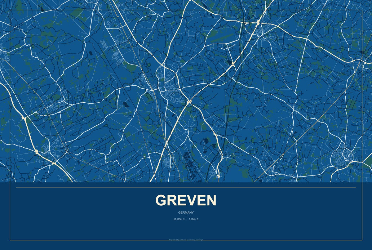 Greven, Germany City Map Aluminum Sign in Harbor Cobalt style