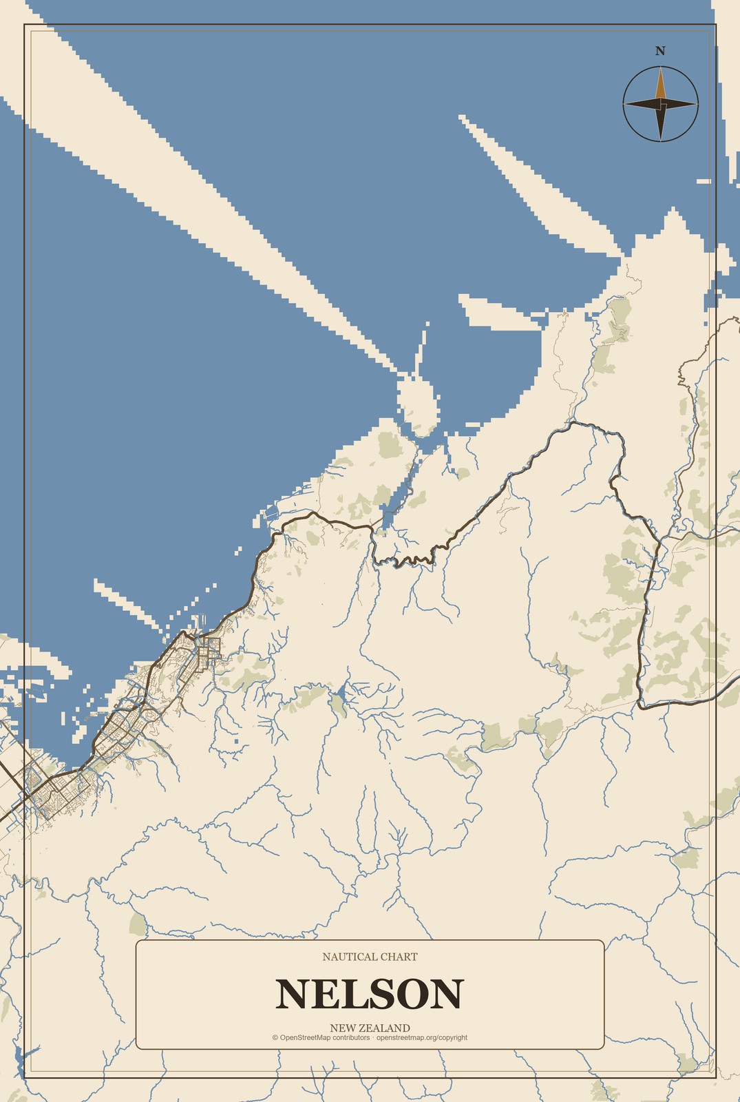 Nelson, New Zealand City Map Aluminum Sign in Heritage Nautical style
