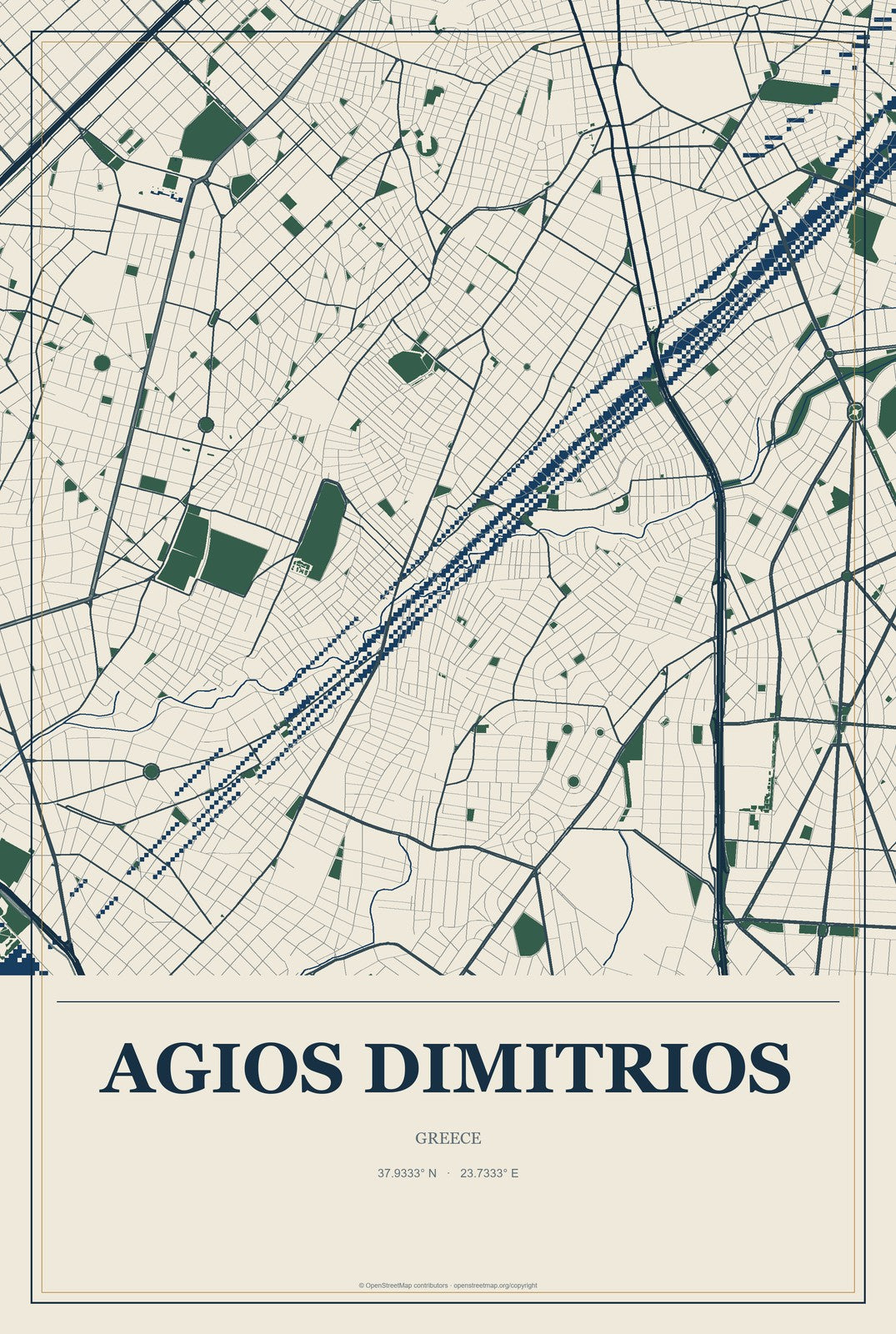 Agios Dimitrios, Greece City Map Aluminum Sign in Coastal Cutout style