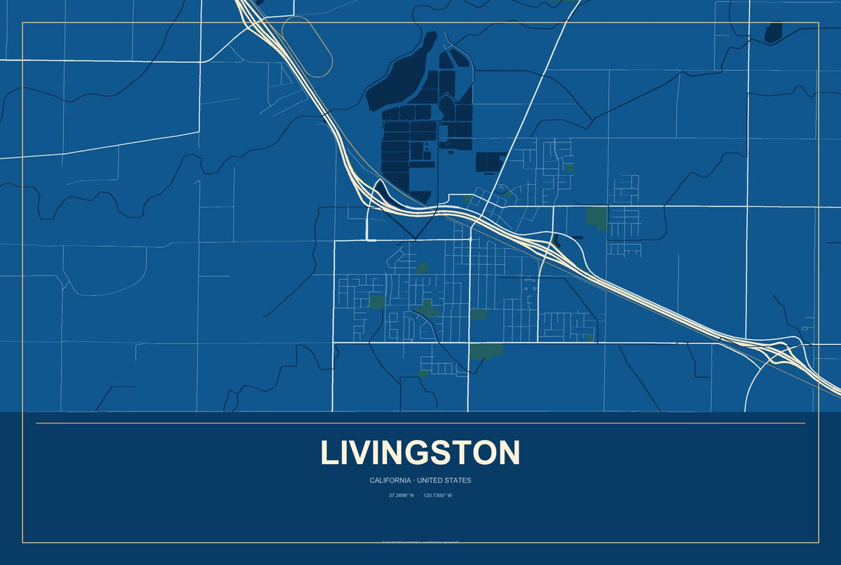 Livingston, California City Map Aluminum Sign in Harbor Cobalt style